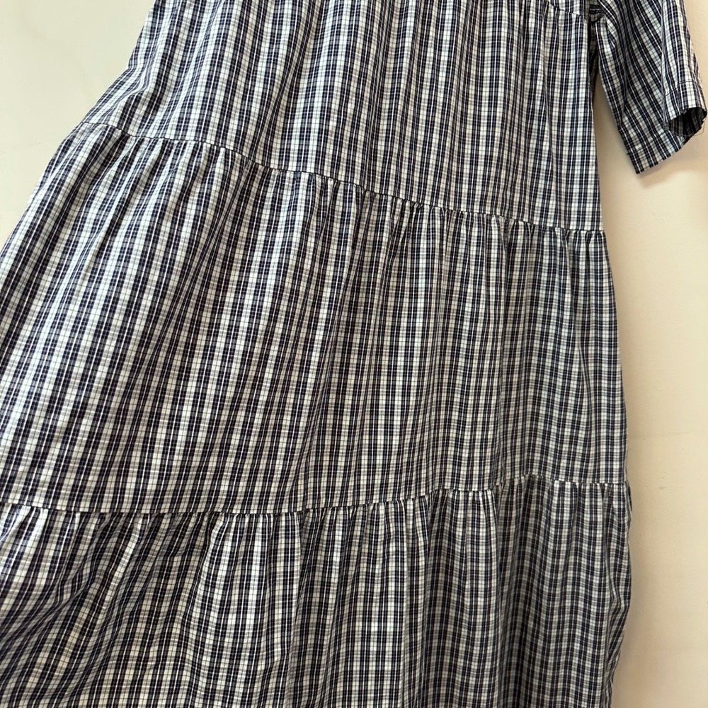 Everlane Navy White Plaid Tiered Mock Neck Dress Cotton Pockets Small S - Picture 6 of 10